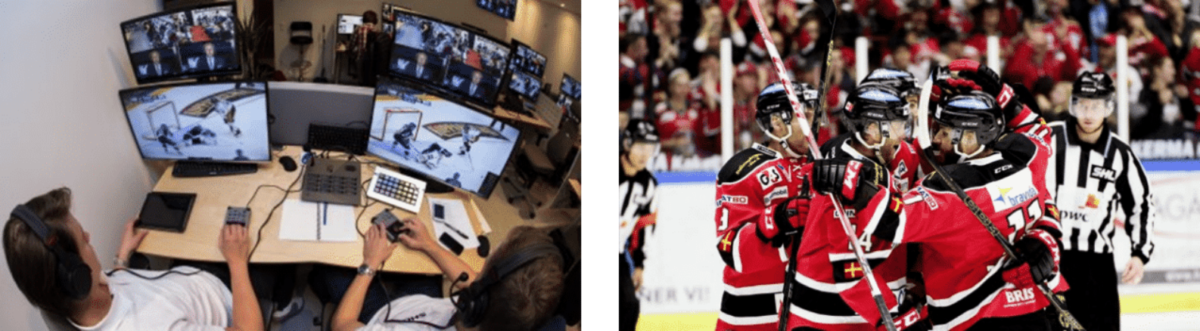 Two side-by-side photos. One shows two men subtitling an ice hockey game, and the other shows members of an ice hockey team hugging.