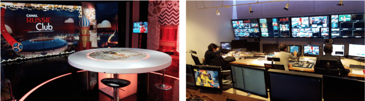 Two side-by-side photos. One shows an empty television studio, and the other shows three people sitting at a desk in front of screens and controls.