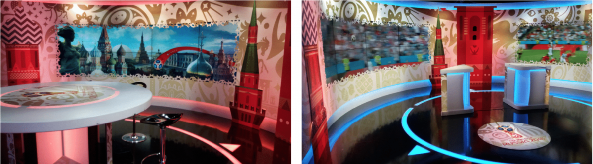 Two side-by-side photos of a television studio, one showing it with a round table and stool seating and the other two with two standing desks.