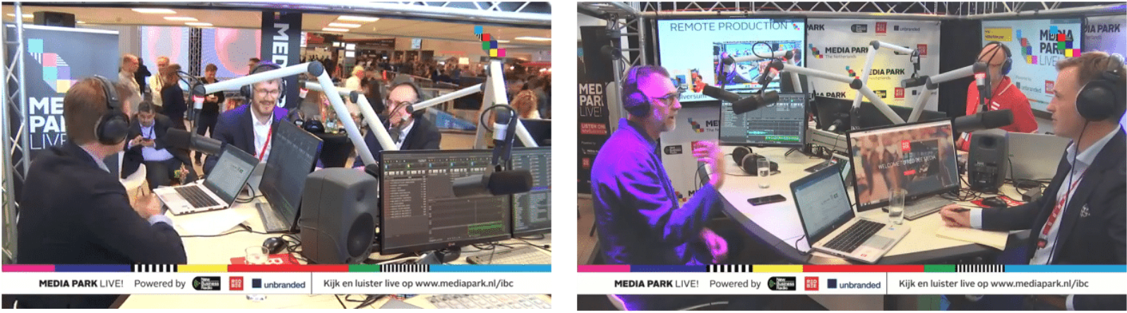 A split screen with both sides showing three men sitting around a desk with microphones and computer screens in front of them.