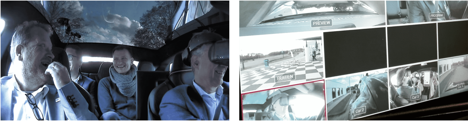 A split screen. One side shows a man wearing a VR headset sitting in a car with three other men, and the other shows a screen displaying multiple camera feeds.