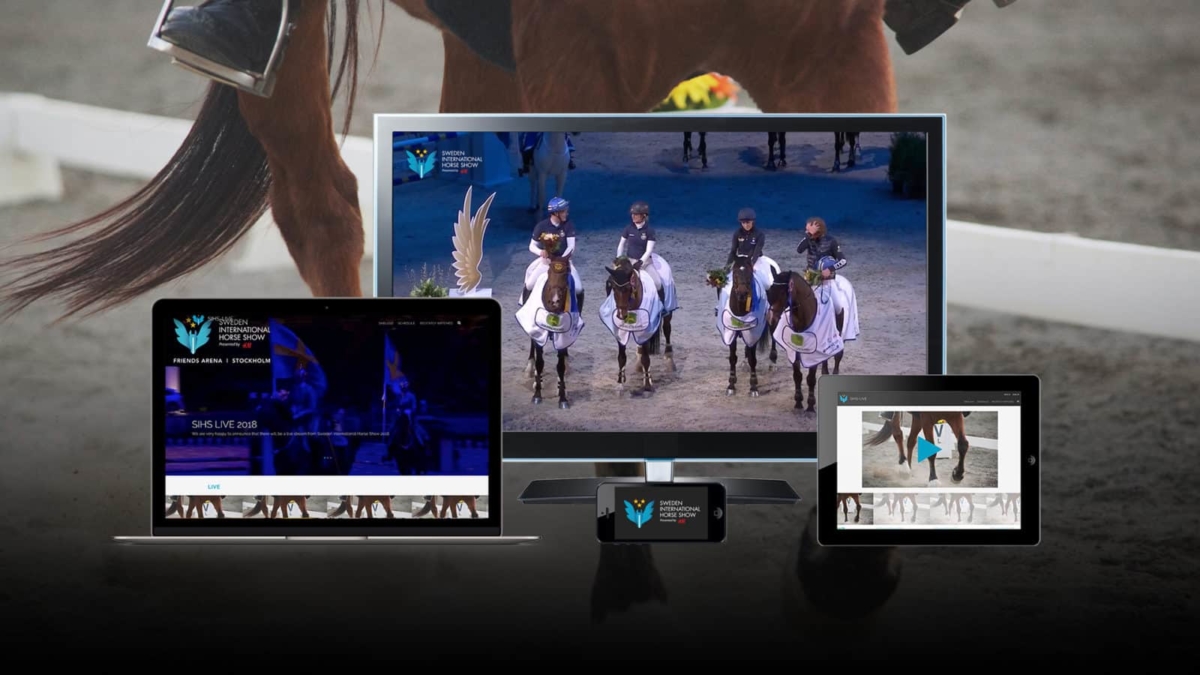 Footage from Sweden International Horse Show displayed on a TV, a laptop, a tablet device, and a smartphone.