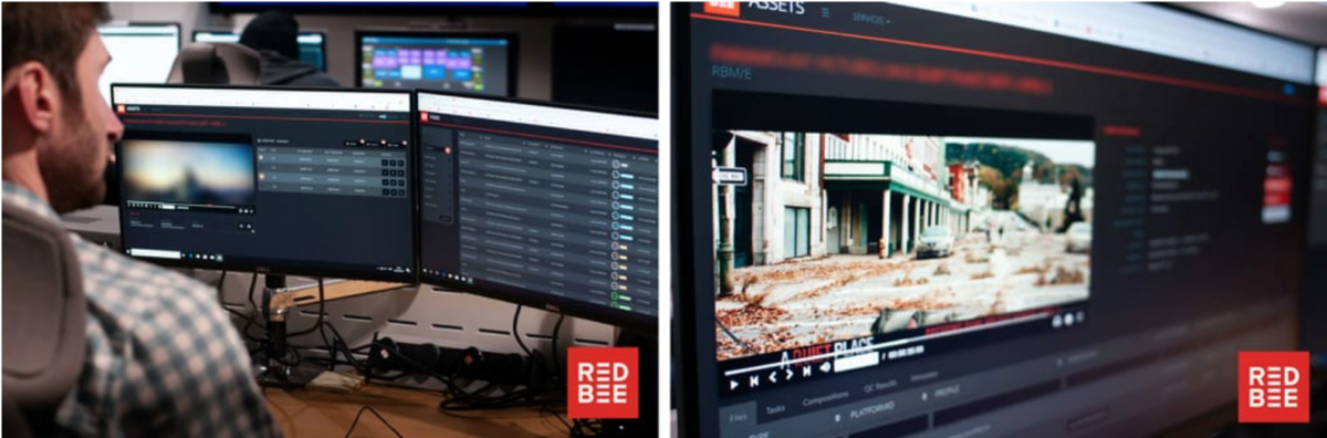 Two side-by-side photos. One shows a man sitting in front of two computer screens, and the other shows a screen with a video player displayed on it.