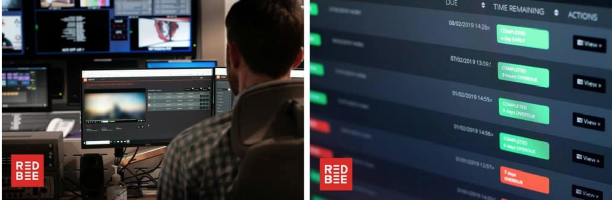 Two side-by-side photos. One shows a man sitting in front of a computer screen with a blurred out video displayed on it, and the other shows due dates in a worklist.