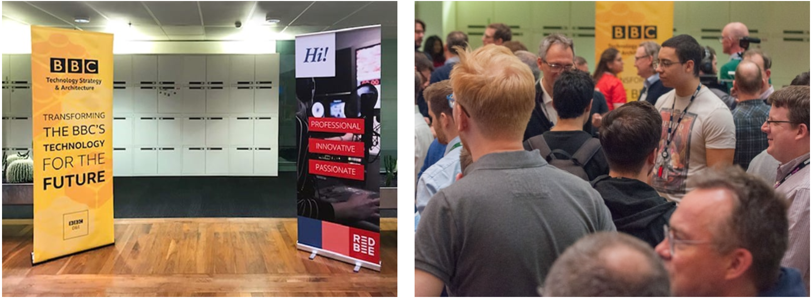 Two side-by-side images. One shows two free-standing signs for BBC and Red Bee, and the other shows a large group of people at an event.