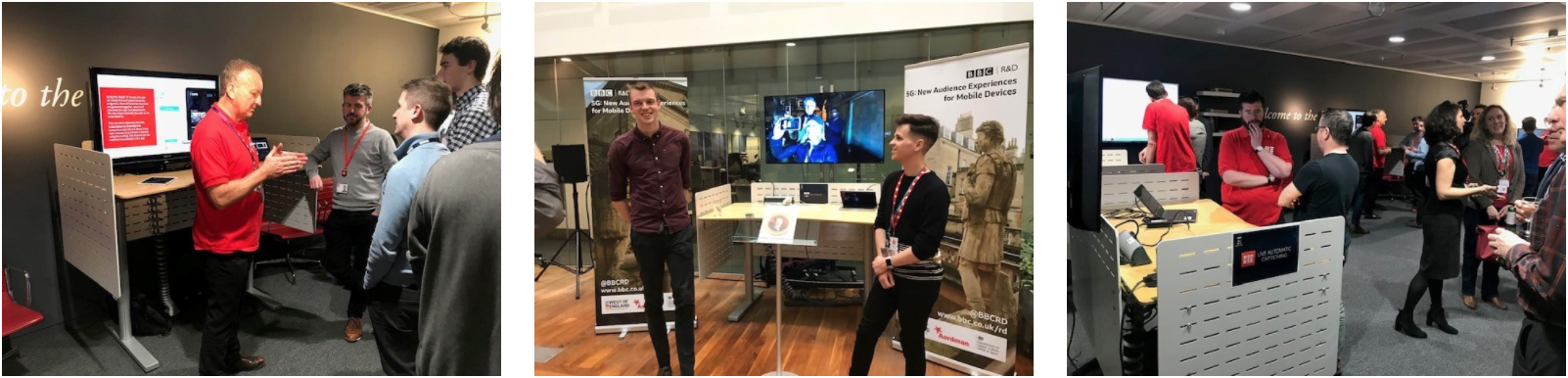 Three side-by-side images showing people standing near screens and displays.