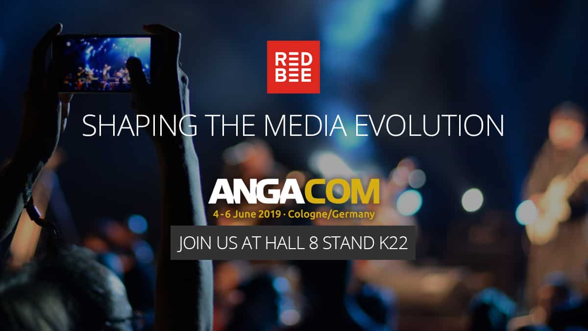 'Red Bee. Shaping the media evolution. Anga Com. 4th to 6th June 2019. Cologne, Germany. Join us at hall eight, stand K22.'