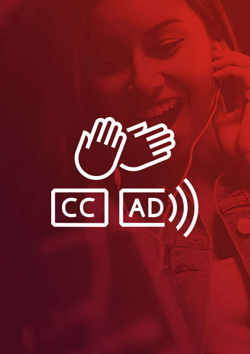 An Access Services icon. The is set against a red-tinged background featuring a grinning woman wearing earphones and looking at a handheld device.