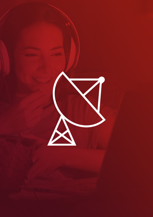 A distribution icon.. The icon is set against a red-tinged background featuring a smiling woman wearing headphones and looking at a laptop screen.