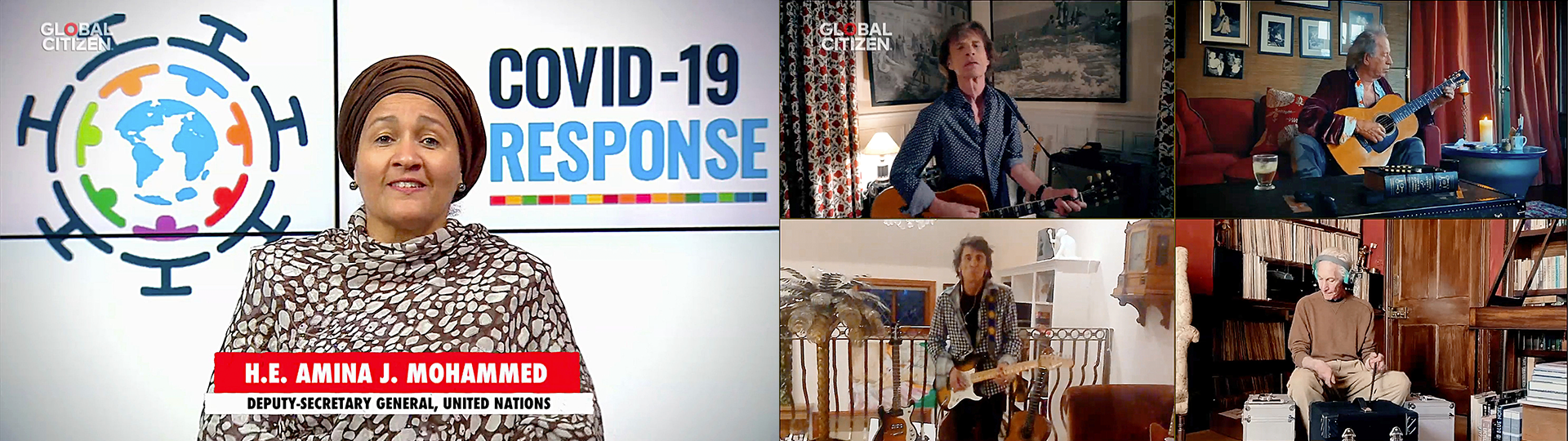 A split screen showing United Nations deputy-secretary general Amina J. Mohammed on one side and four members of the Rolling Stones with their instruments in separate rooms on the other. The words 'Global Citizen' are in the upper left corner of each half of the screen.