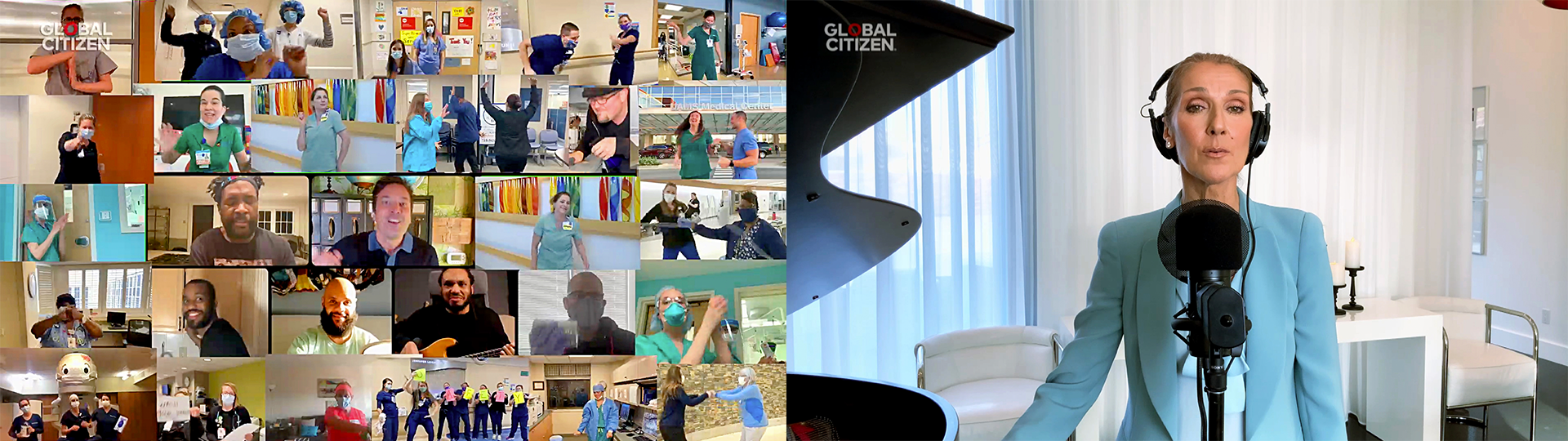 A split screen showing Celine Dion wearing headphones and standing behind a microphone on one side and multiple people connected to a video call on the other. The words 'Global Citizen' are in the upper left corner of each half of the screen.