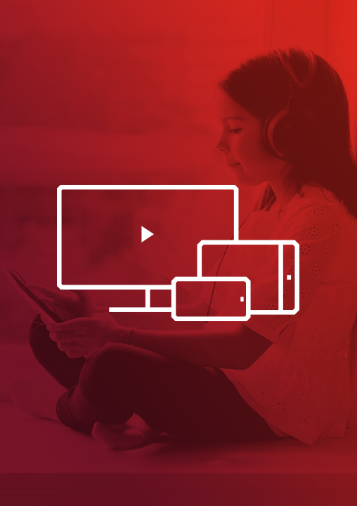 An icon of a computer screen, a tablet device and a smartphone. The icon is set against a red-tinged background featuring a young child watching something on a tablet device.