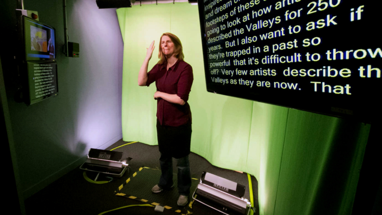 A Signer in a studio, standing against a green screen.