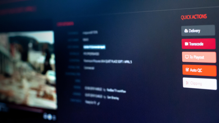 A computer monitor with a list of quick actions. Delivery, transcode, to playout, auto Q.C. and clipping.