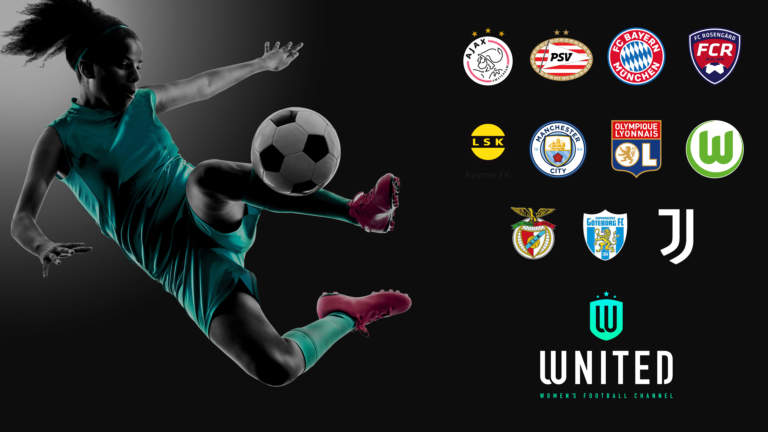 Wnited. Women's Football Channel. Team badges and a female footballer striking a volley.