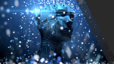 A graphic of a synthetic human with an open cranium, surrounded by glittering lights.