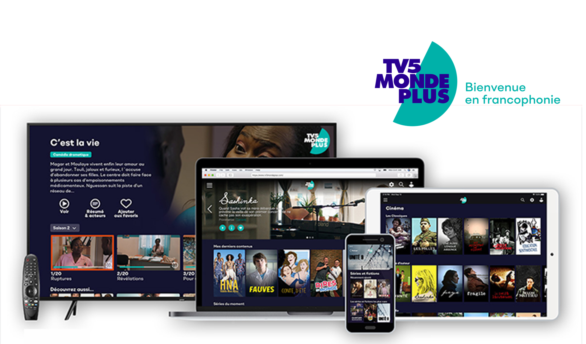 TV5 Monde Plus's menu screen displayed on a TV, a laptop, a tablet device and a smartphone.