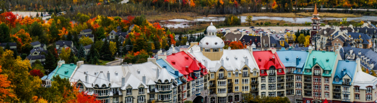 A winding row of tall houses with white, blue, green and red roofs. There are smaller houses behind them surrounded by trees with red, green and orange leaves.