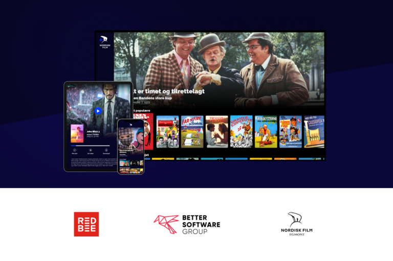 Nordisk Film's streaming platform displayed on a TV screen, a tablet device and a smartphone.