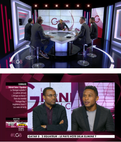 Two screenshots from the French sports programme Les Grandes Bouches, one showing a group of men sitting in a TV studio and the other two men in a split screen.