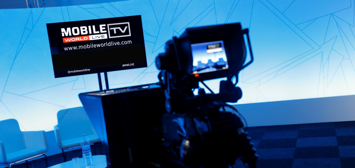 A television camera aimed at an empty Mobile World Live studio.