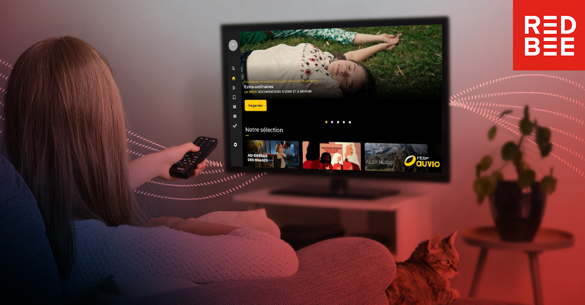 Six pink-and-red, dotted lines weaving past a woman watching the streaming service Auvio on a TV.