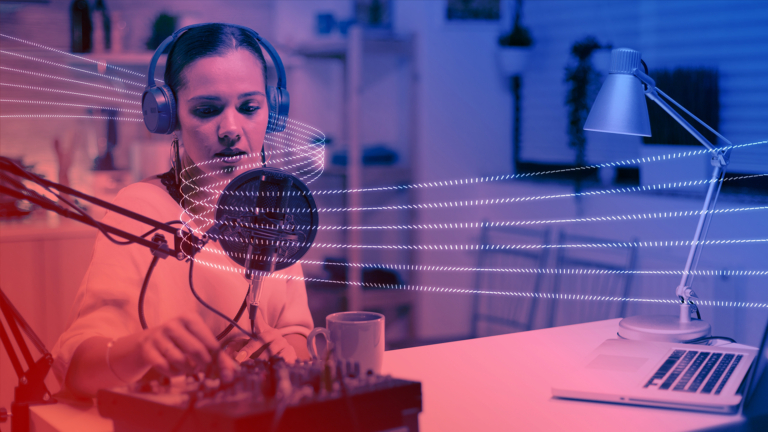 Six white, dotted lines snaking past a woman wearing headphones and sitting in front of a microphone.
