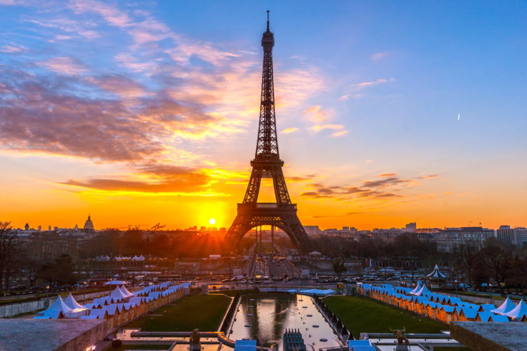 The Eiffel Tower at sunset.