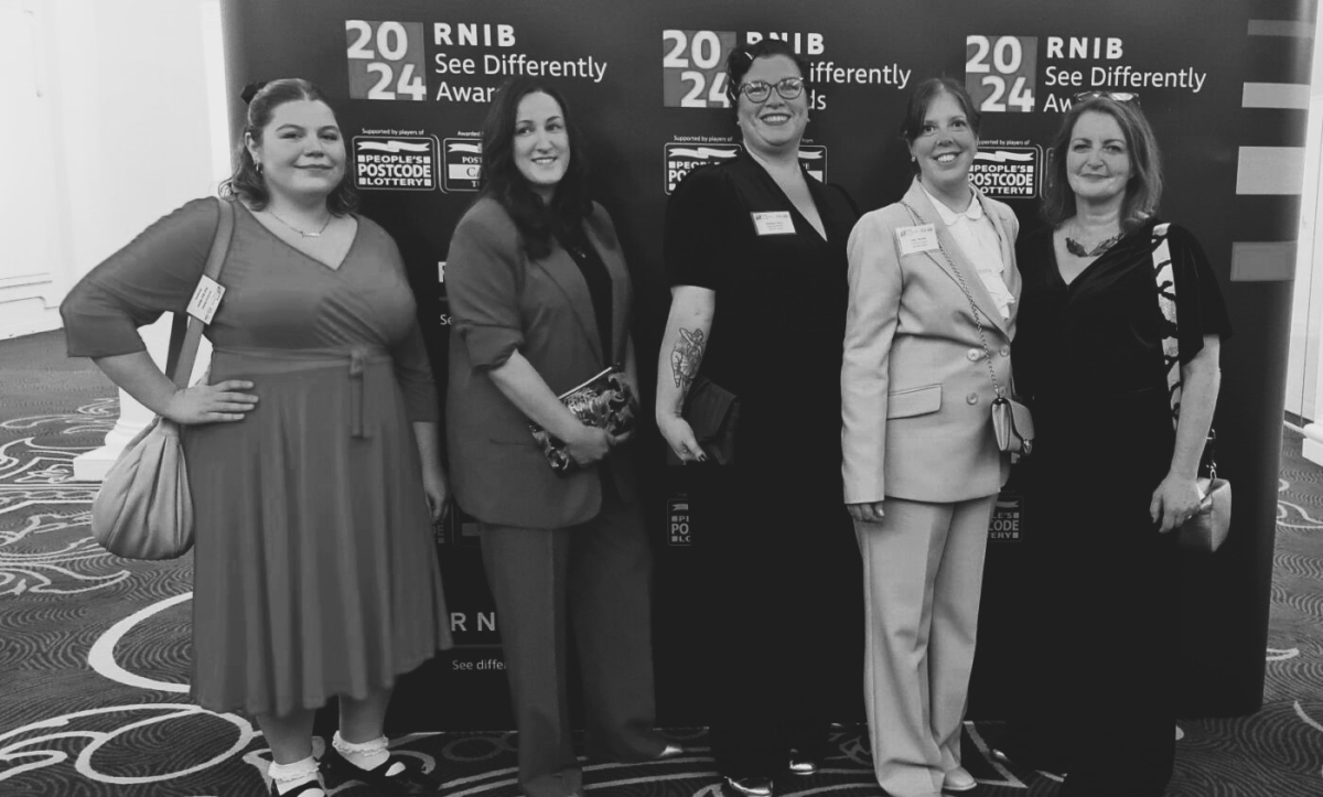 Access Services Team at the RNIB See Differently Awards 2024 Black and white image of representatives from the Audio Description team at the R.N.I.B. See Differently Awards 2024.