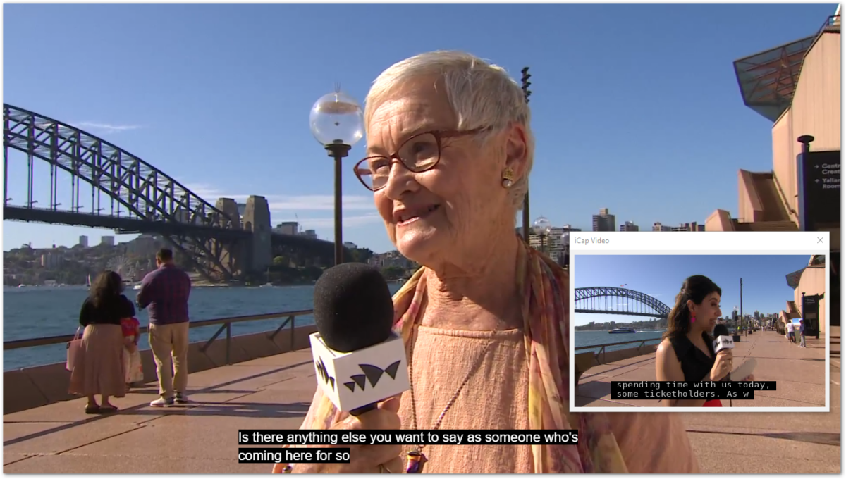Red Bee Media providing live captioning for Sydney Opera House A woman being interviewed outside the Sydney Opera House with the Sydney Harbour Bridge in the background.