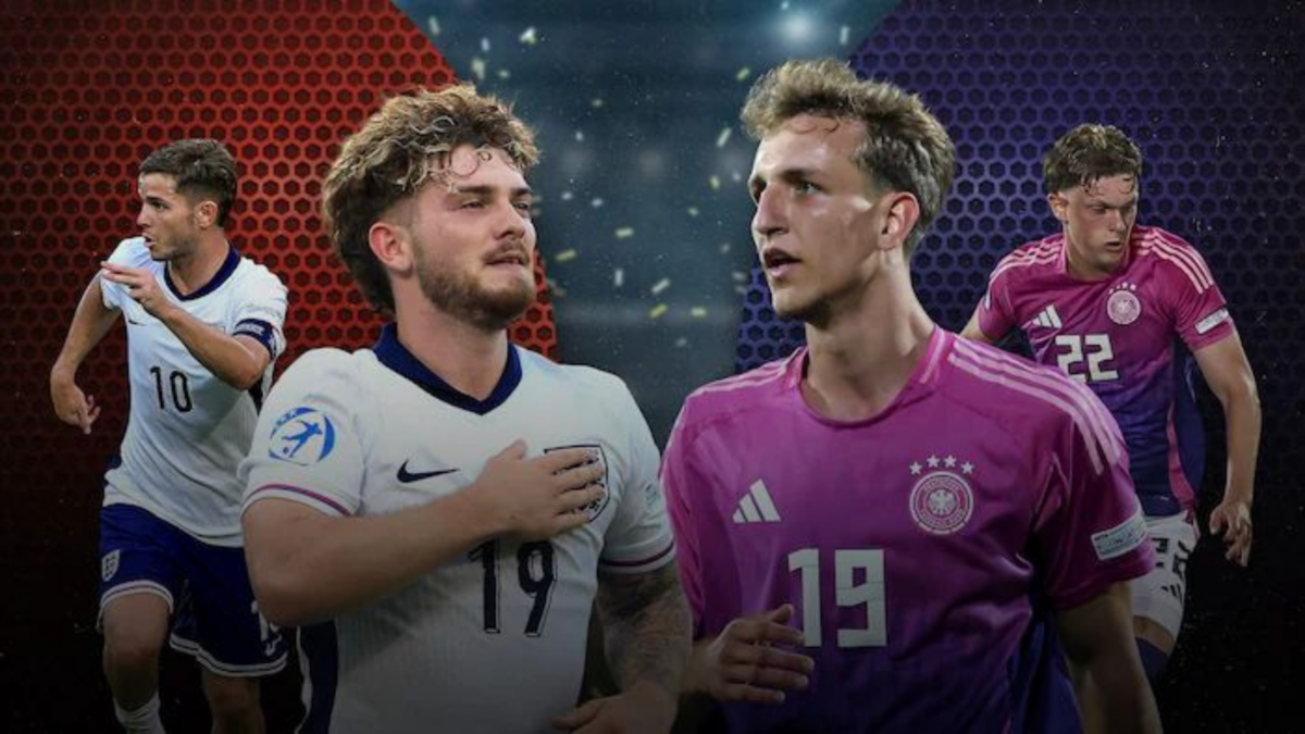 To the left-hand side are England players James McAtee and Harvey Elliot, and to the right-hand side are Germany players Nelson Weiper and Paul Wanner.